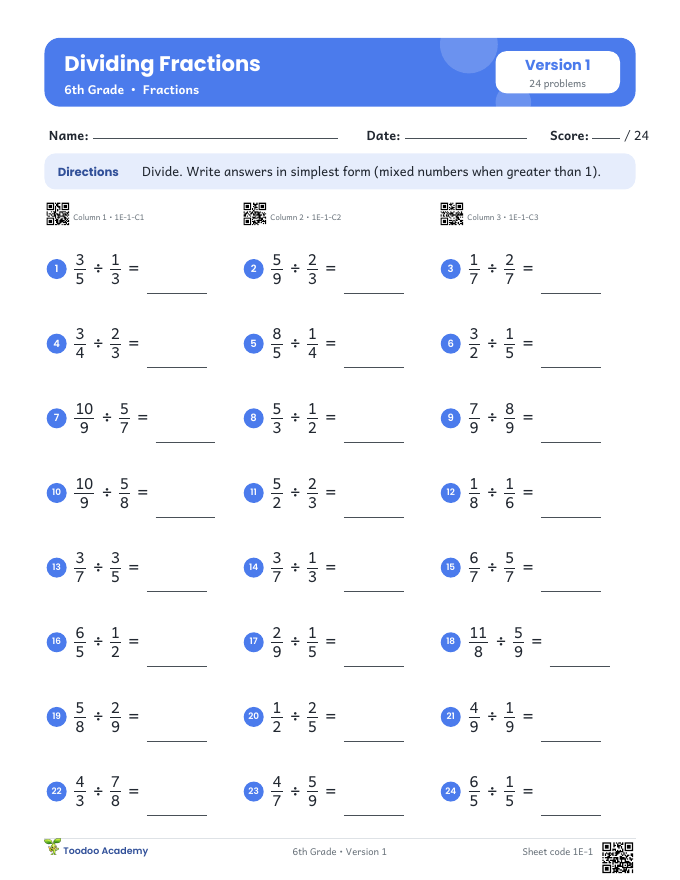 Sample worksheet: Dividing Fractions